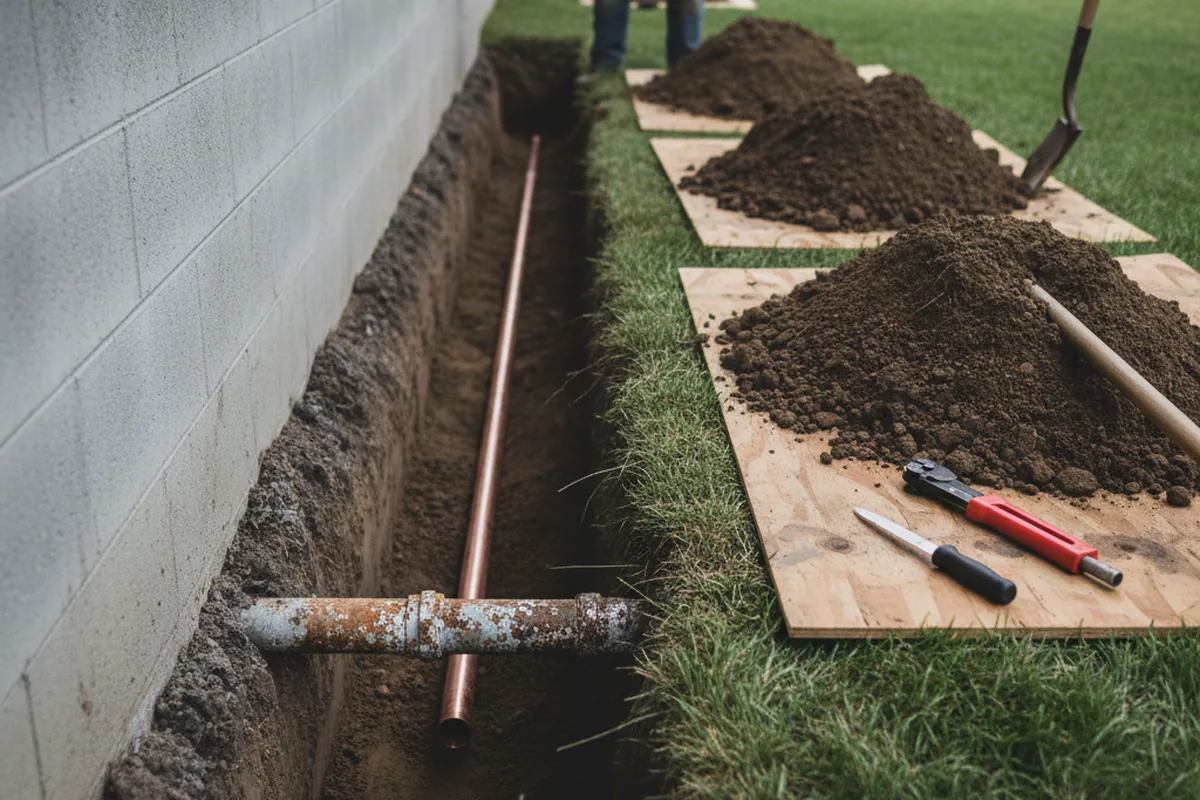 Excavated water line trench during Sewer Line Repair in Oakley